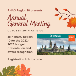 A poster invitation for the Annual General Meeting for Region 10. The graphic has a light orange background with fall leaf graphics and the RNAO Region 10 logo which is the parliament buildings with the RNAO logo watermark overlaid.