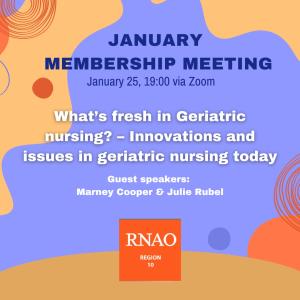 A poster for the January Membership Meeting: What's fresh in geriatric nursing? (Purple background with orange details) 