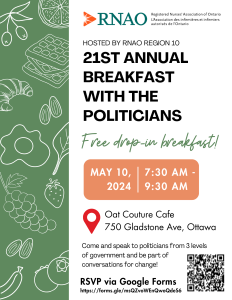 21st Annual Breakfast with the Politicians.  Friday, May 10th, 2024, from 7:30 am to 9:30 am. Free Breakfast. Oat Couture Café (750 Gladstone Ave, Ottawa)