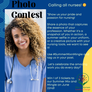 Photo of a nurse in scrubs with details of a photo contest.