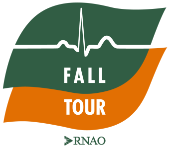 A green leaf with an ECG tracing over top of an orange leaf with the words FALL TOUR and the RNAO logo