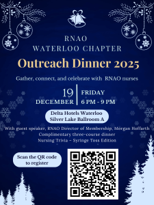 Winter-themed blue flyer for the RNAO Waterloo Chapter Outreach Dinner on December 19 from 6 pm to 9 pm at Delta Hotels Waterloo, Silver Lake Ballroom A. Includes guest speaker Morgan Hoffarth, complimentary dinner, and Nursing Trivia. A QR code is shown for registration. Snowflakes, ornaments, and winter trees decorate the design.