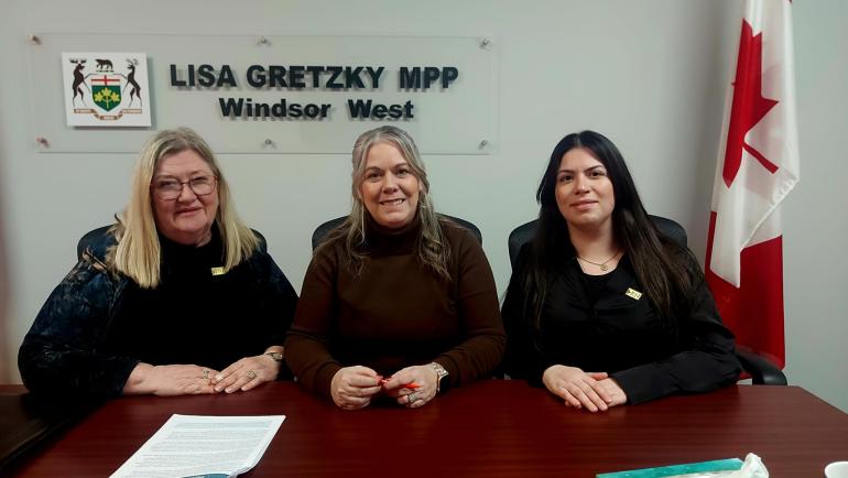 Lisa Gretzky MPP(centre) with Kathy Moreland (left) and Olivia Cochrane(right) | Discuss Ontario's primary health crisis, nursing crisis, homelessness and other political issues.