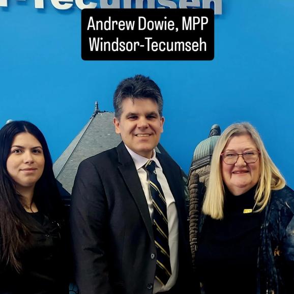 Andrew Dowie MPP (centre) with Kathy Moreland (right) and Olivia Cochrane(left) | Discuss Ontario's primary health crisis, nursing crisis, homelessness and other political issues.